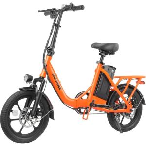 imageGotrax 16quot Folding Electric Bike Max 28Miles RangePedalAssist ampamp Speed 155Mph Power by Peak 500W EBike with Removable Battery Suspension ampamp Adjustable Size Commuter Bicycle for AdultsTeensNephele Stepthru Orange