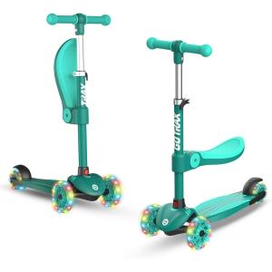 imageGotrax KS3 Kids Kick Scooter LED Lighted Wheels Adjustable Height Handlebars and Removable Seat LeantoSteer ampamp Widen AntiSlip Deck 3 Wheel Scooter for Kids Ages 28 and up to 100 LbsGreen with Seat