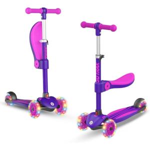 imageGotrax KS3 Kids Kick Scooter LED Lighted Wheels Adjustable Height Handlebars and Removable Seat LeantoSteer ampamp Widen AntiSlip Deck 3 Wheel Scooter for Kids Ages 28 and up to 100 LbsPurple with Seat
