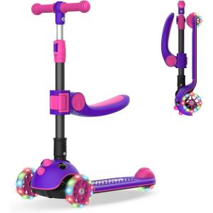 imageGotrax KS3 Pro Folding Kick Scooter for Kids One Key Removable Seat ampamp 3 Extra Wide PU LightUp Wheels and AntiSlip Deck Adjustable Height Handlebar and LeantoSteer Scooter for Children Aged 28Purple