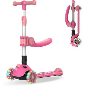 imageGotrax KS3 Pro Folding Kick Scooter for Kids One Key Removable Seat ampamp 3 Extra Wide PU LightUp Wheels and AntiSlip Deck Adjustable Height Handlebar and LeantoSteer Scooter for Children Aged 28Pink