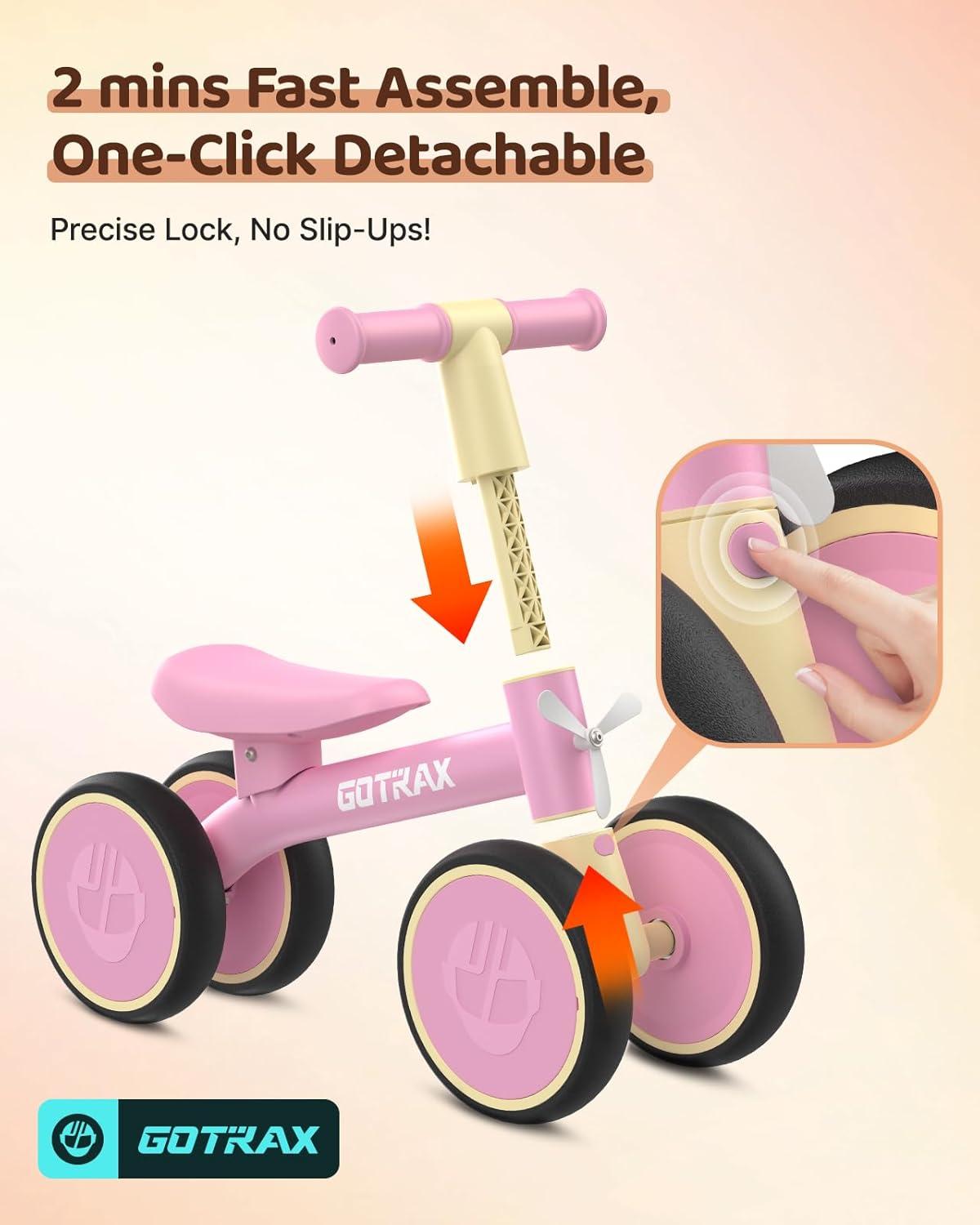 imageGotrax Baby Balance Bike 12 Years 7quot FrontampampRear Silent Wheels Sturdy Steel Frame 66 lbs Load Quick 2Min Assembly CPC Certified Comfortable Soft Seat Toddler Birthday Gift for BoysampampGirls BlackPink