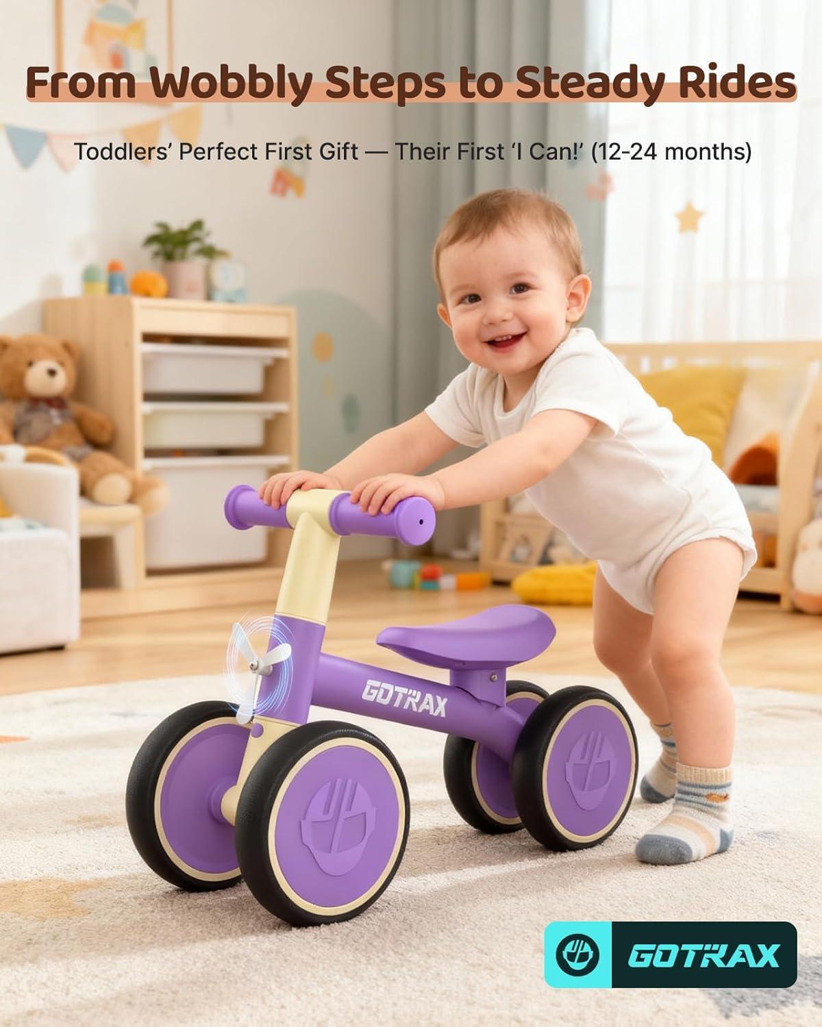 imageGotrax Baby Balance Bike 12 Years 7quot FrontampampRear Silent Wheels Sturdy Steel Frame 66 lbs Load Quick 2Min Assembly CPC Certified Comfortable Soft Seat Toddler Birthday Gift for BoysampampGirls BlackPurple