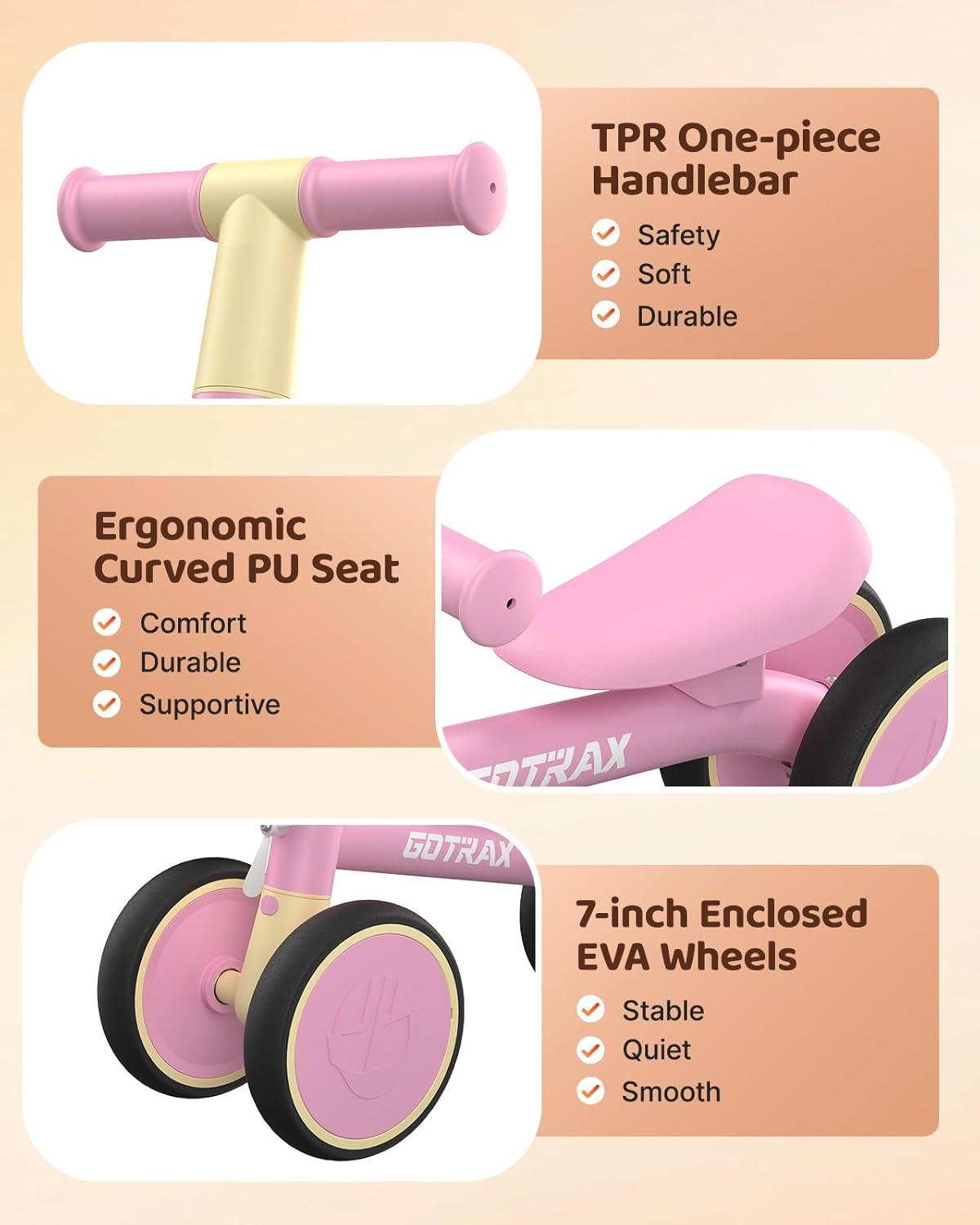 imageGotrax Baby Balance Bike 12 Years 7quot FrontampampRear Silent Wheels Sturdy Steel Frame 66 lbs Load Quick 2Min Assembly CPC Certified Comfortable Soft Seat Toddler Birthday Gift for BoysampampGirls BlackPink