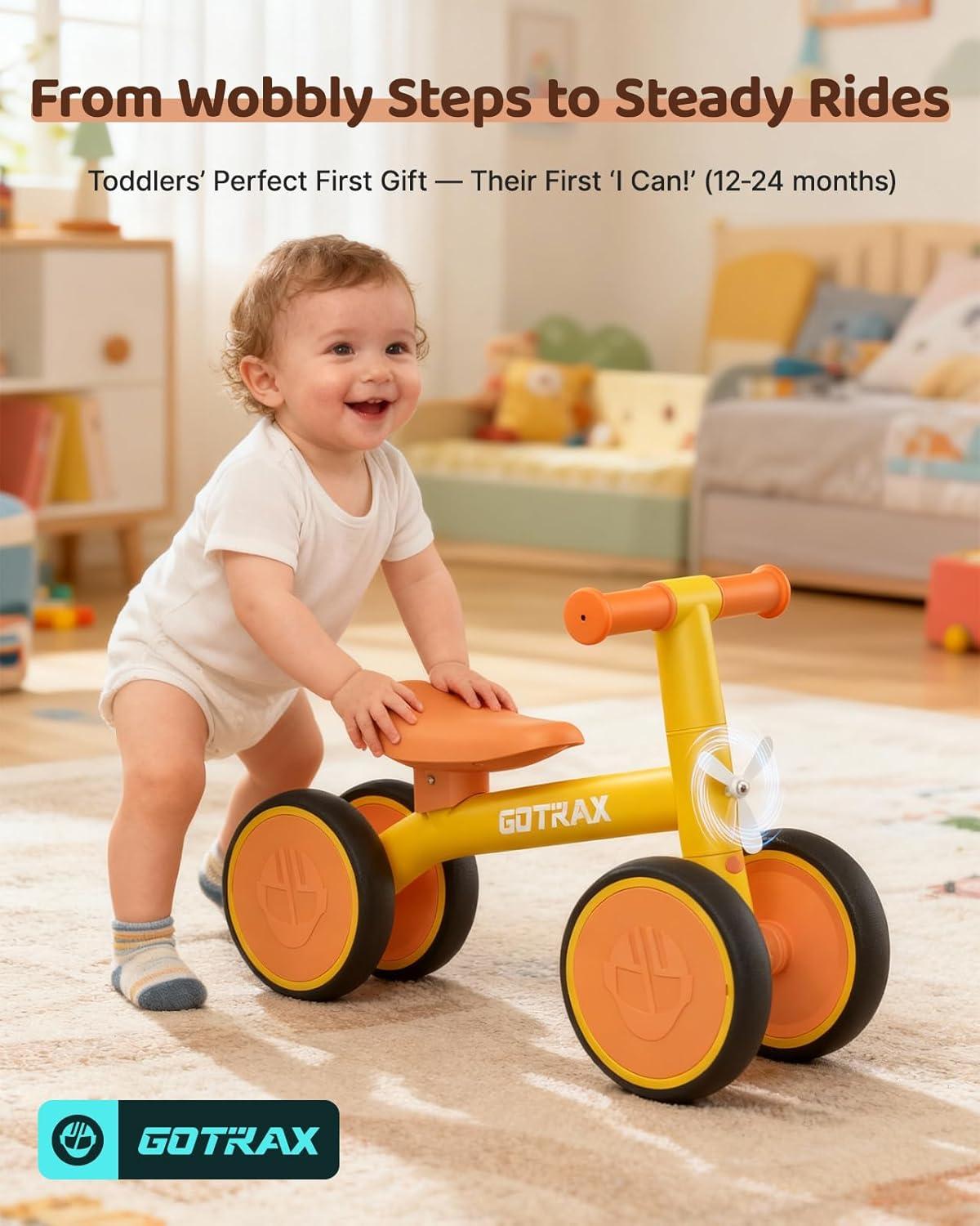 imageGotrax Baby Balance Bike 12 Years 7quot FrontampampRear Silent Wheels Sturdy Steel Frame 66 lbs Load Quick 2Min Assembly CPC Certified Comfortable Soft Seat Toddler Birthday Gift for BoysampampGirls BlackYellow