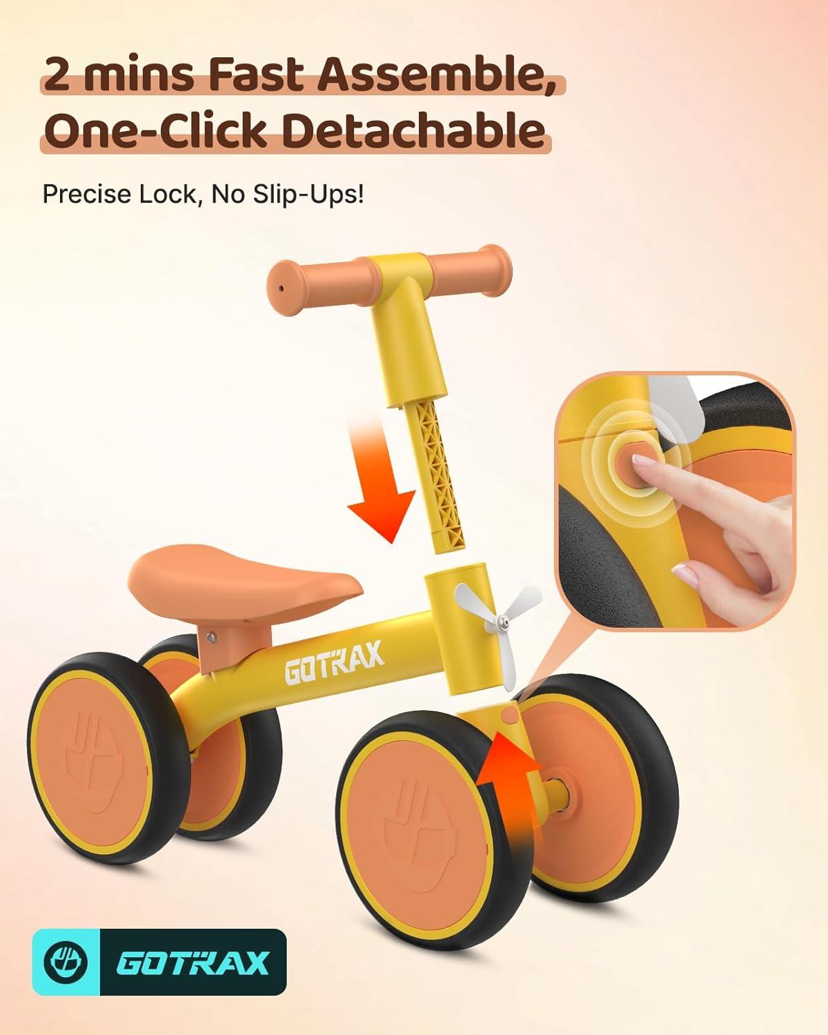 imageGotrax Baby Balance Bike 12 Years 7quot FrontampampRear Silent Wheels Sturdy Steel Frame 66 lbs Load Quick 2Min Assembly CPC Certified Comfortable Soft Seat Toddler Birthday Gift for BoysampampGirls BlackYellow