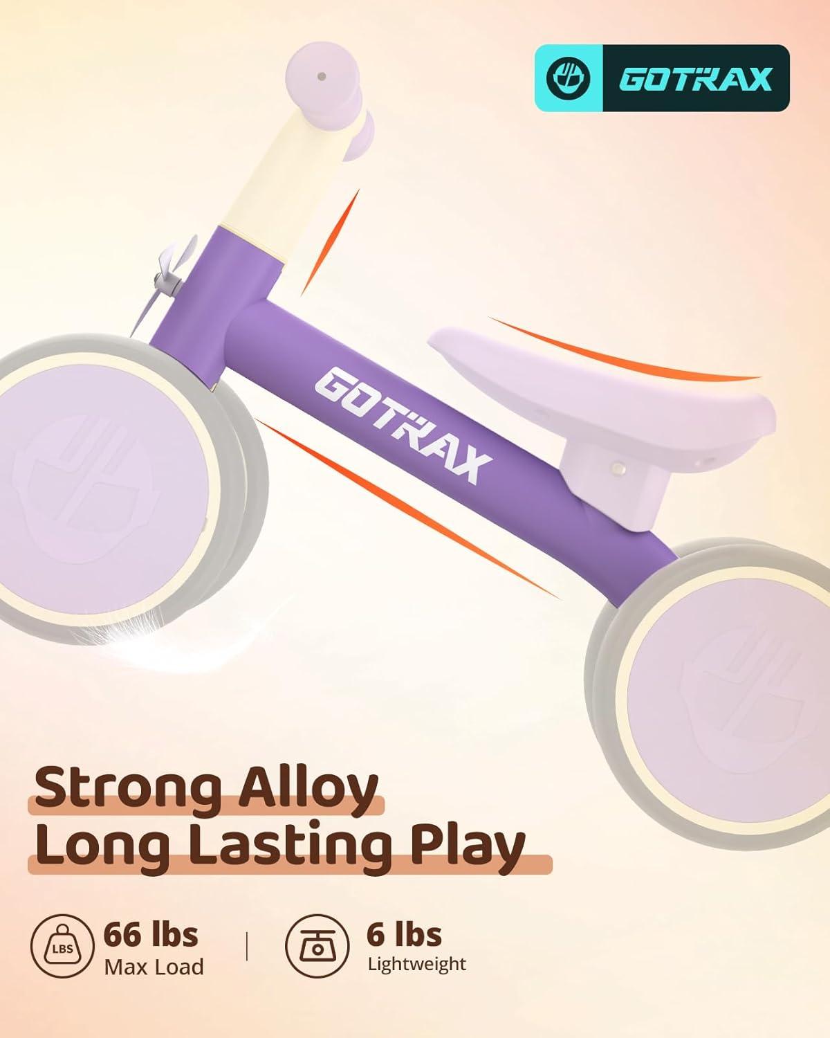 imageGotrax Baby Balance Bike 12 Years 7quot FrontampampRear Silent Wheels Sturdy Steel Frame 66 lbs Load Quick 2Min Assembly CPC Certified Comfortable Soft Seat Toddler Birthday Gift for BoysampampGirls BlackPurple